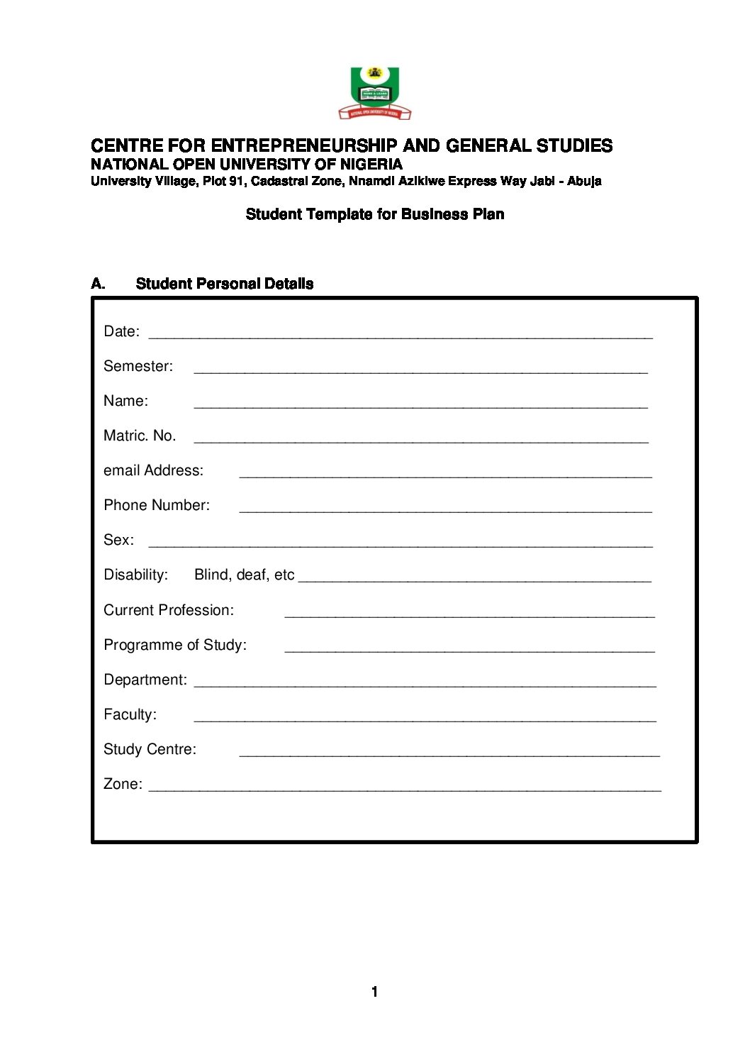 Business Plan Cover