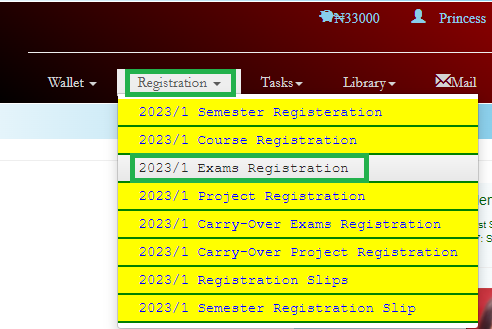 exam reg menu