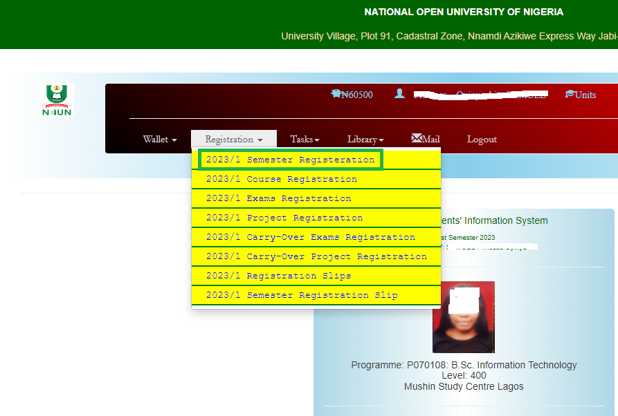 registration dropdown menu